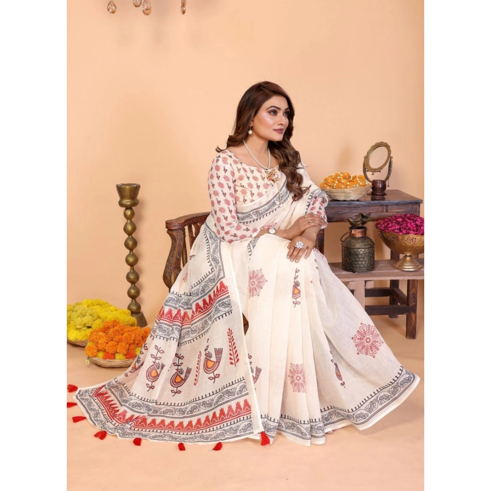 Women's Off White Linen Cotton Printed Saree With Unstitched Blouse – 5.5 Mtr