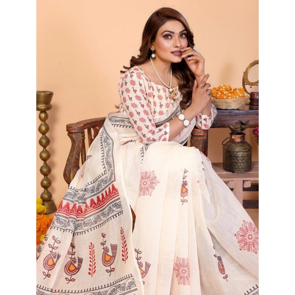 Women's Off White Linen Cotton Printed Saree With Unstitched Blouse – 5.5 Mtr