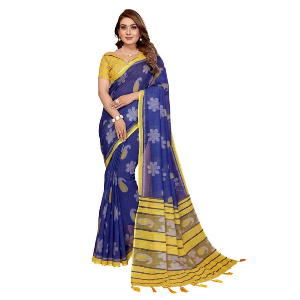 Women's Blue Linen Cotton Printed Saree With Unstitched Blouse – 5.5 Mtr