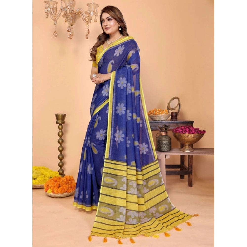 Women's Blue Linen Cotton Printed Saree With Unstitched Blouse – 5.5 Mtr