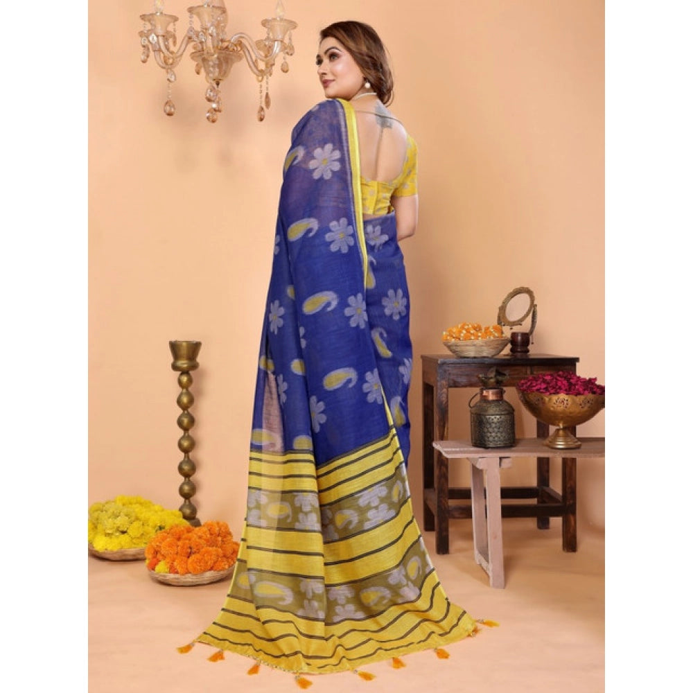 Women's Blue Linen Cotton Printed Saree With Unstitched Blouse – 5.5 Mtr