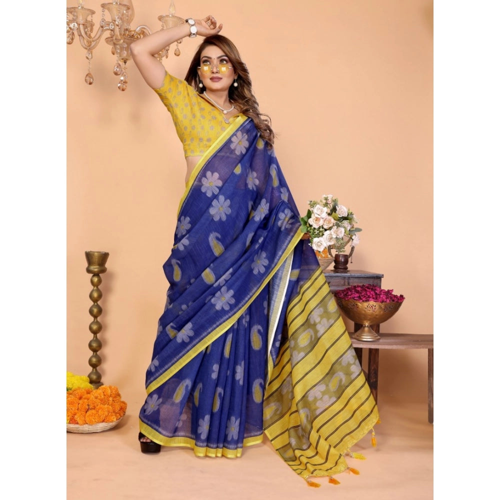 Women's Blue Linen Cotton Printed Saree With Unstitched Blouse – 5.5 Mtr