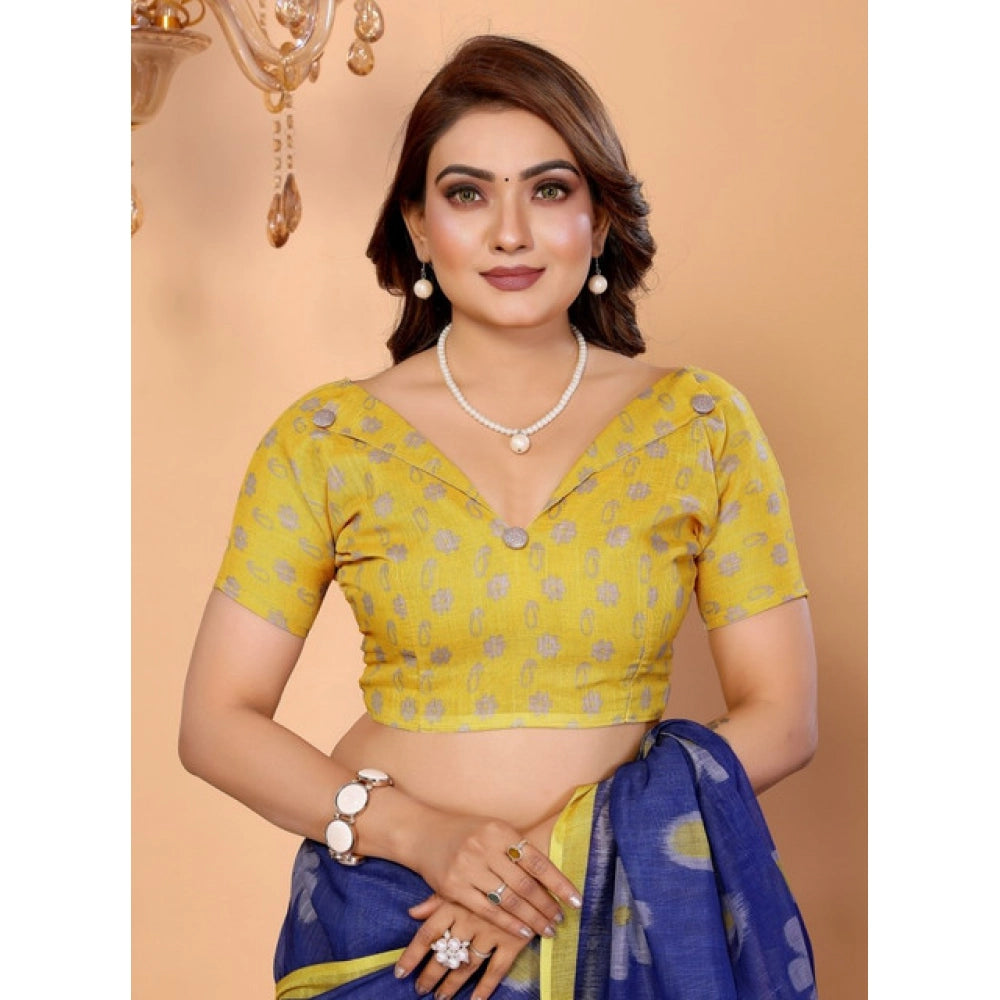 Women's Blue Linen Cotton Printed Saree With Unstitched Blouse – 5.5 Mtr