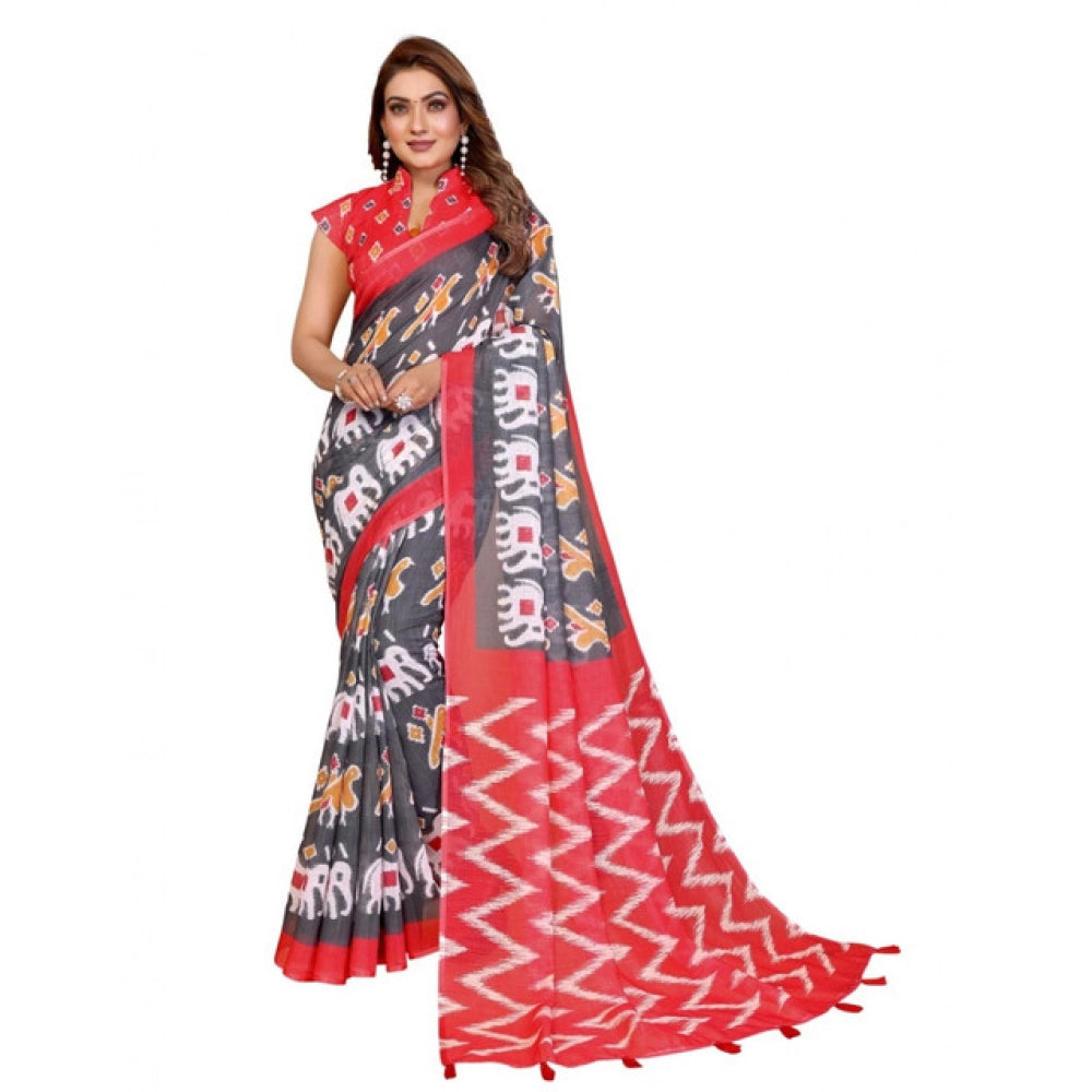Women's Grey Linen Cotton Printed Saree With Unstitched Blouse – 5.5 Mtr