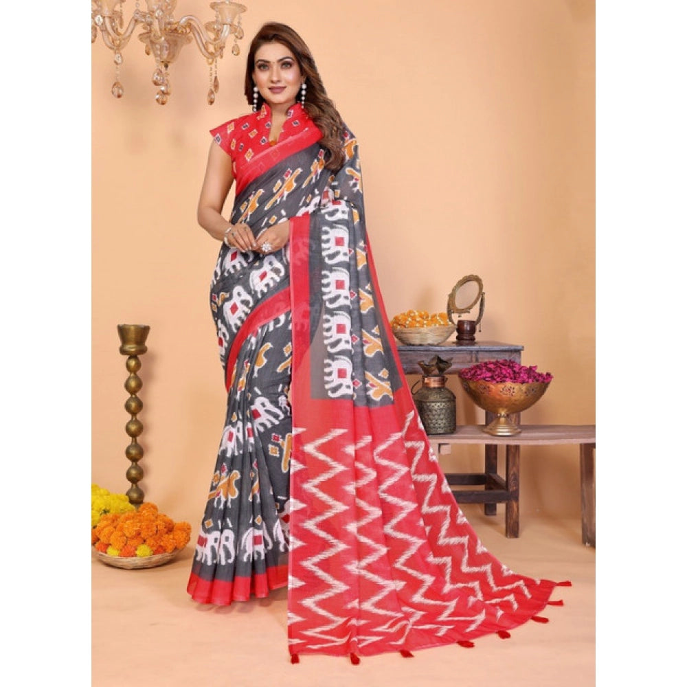 Women's Grey Linen Cotton Printed Saree With Unstitched Blouse – 5.5 Mtr