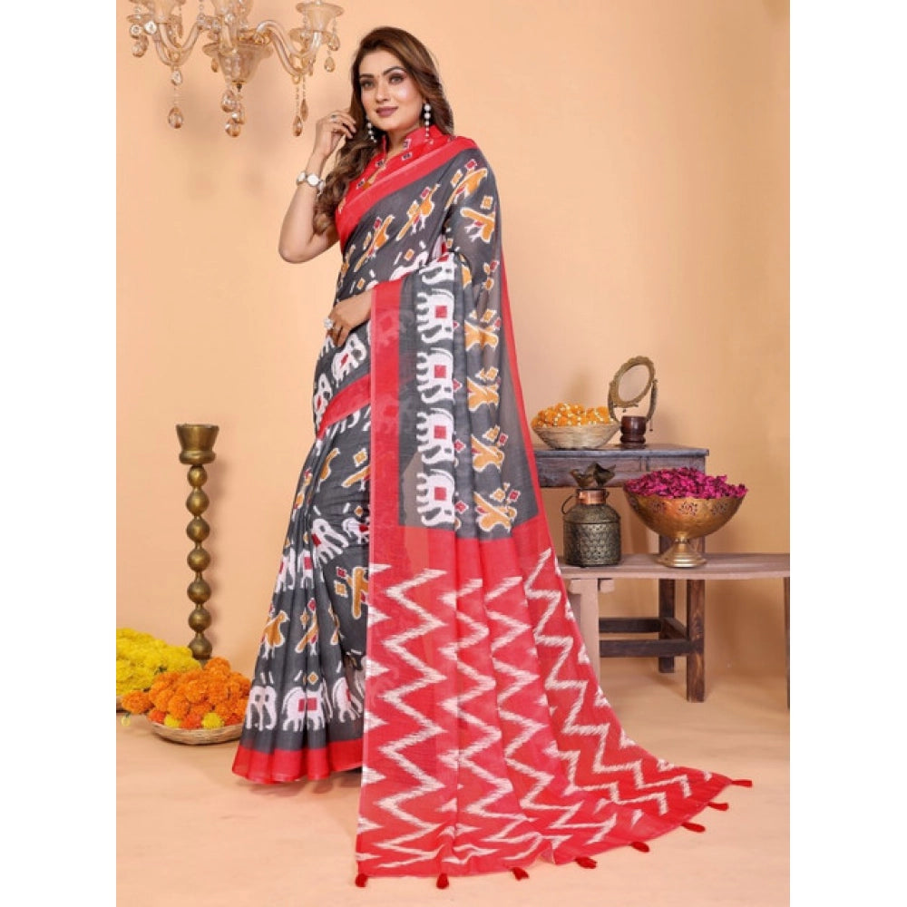 Women's Grey Linen Cotton Printed Saree With Unstitched Blouse – 5.5 Mtr