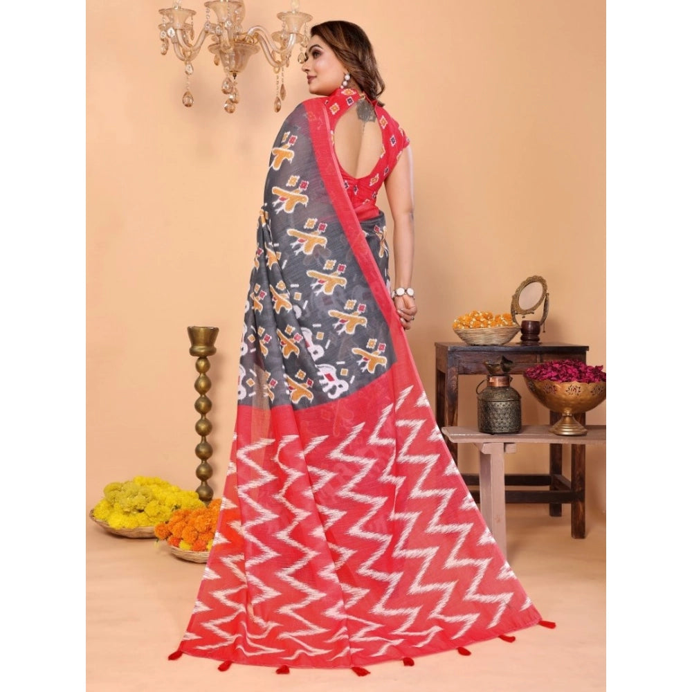 Women's Grey Linen Cotton Printed Saree With Unstitched Blouse – 5.5 Mtr