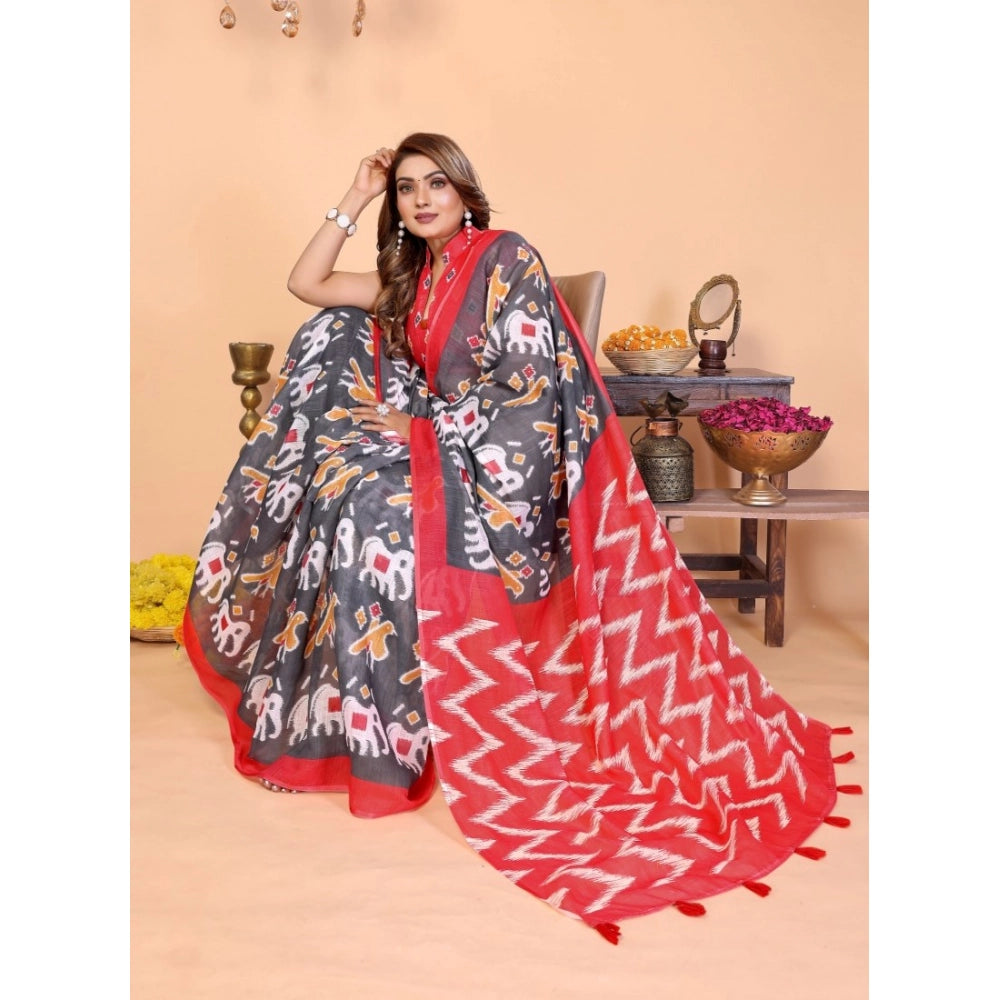 Women's Grey Linen Cotton Printed Saree With Unstitched Blouse – 5.5 Mtr