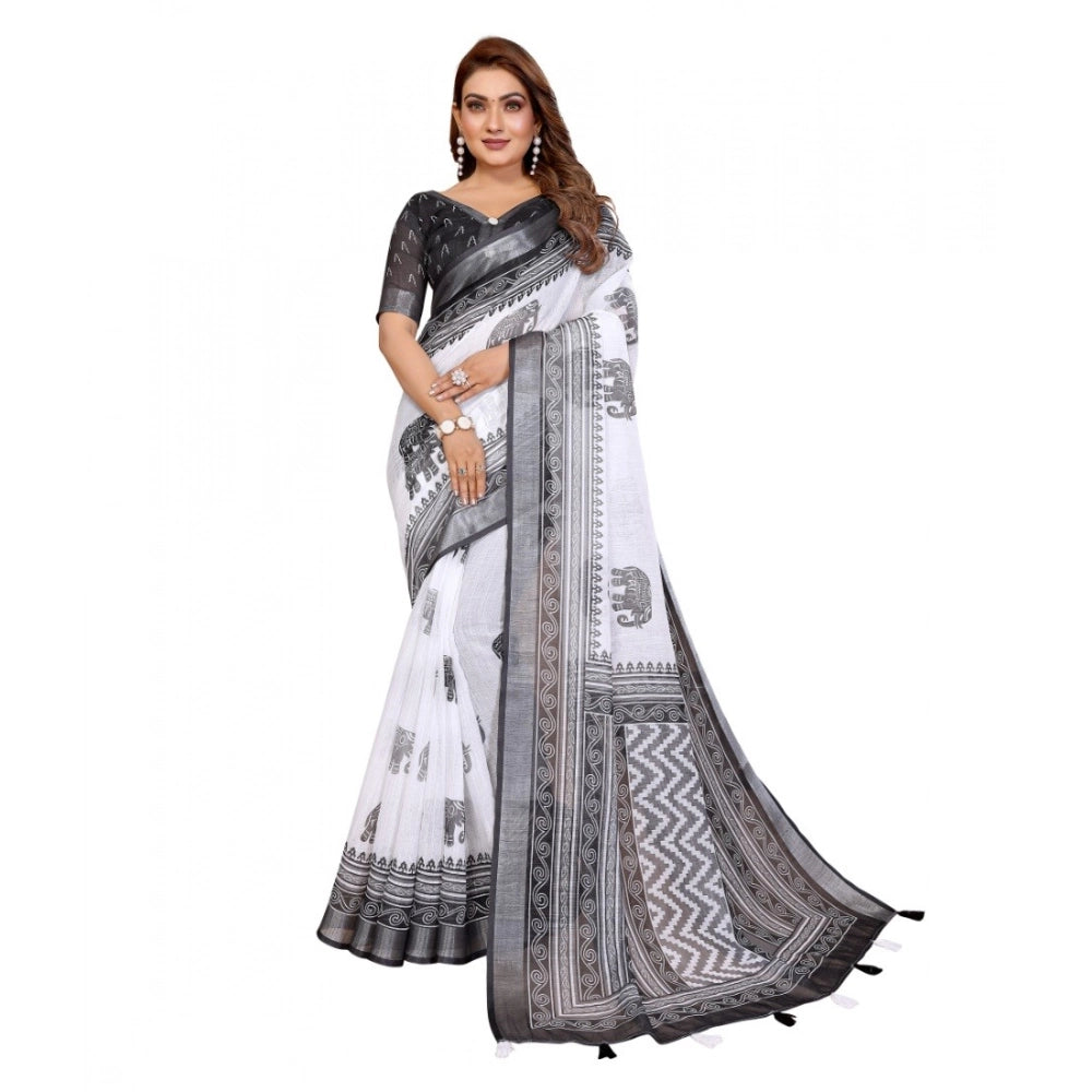 Women's White-Black Linen Cotton Printed Saree With Unstitched Blouse – 5.5 Mtr