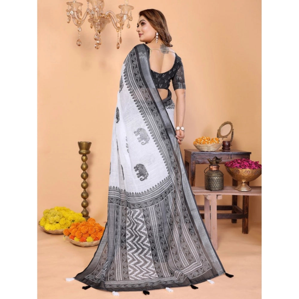 Women's White-Black Linen Cotton Printed Saree With Unstitched Blouse – 5.5 Mtr