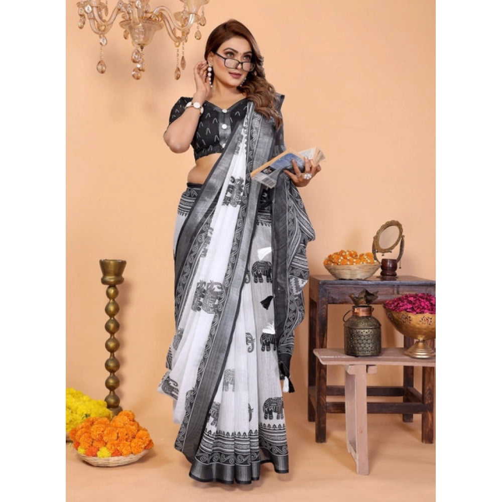 Women's White-Black Linen Cotton Printed Saree With Unstitched Blouse – 5.5 Mtr