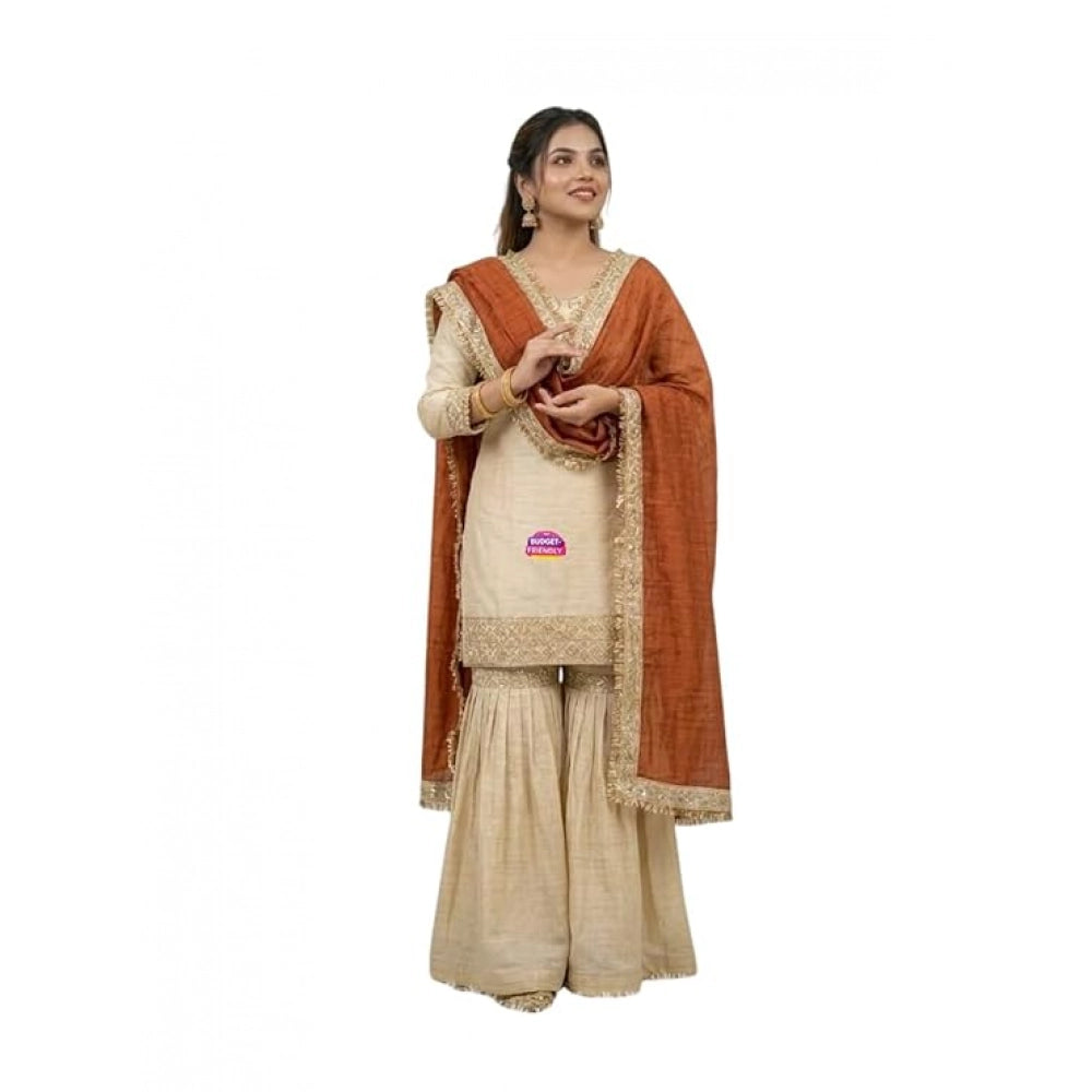 Women's Cream & Orange Silk Embroidered Kurti with Sharara & Dupatta Set