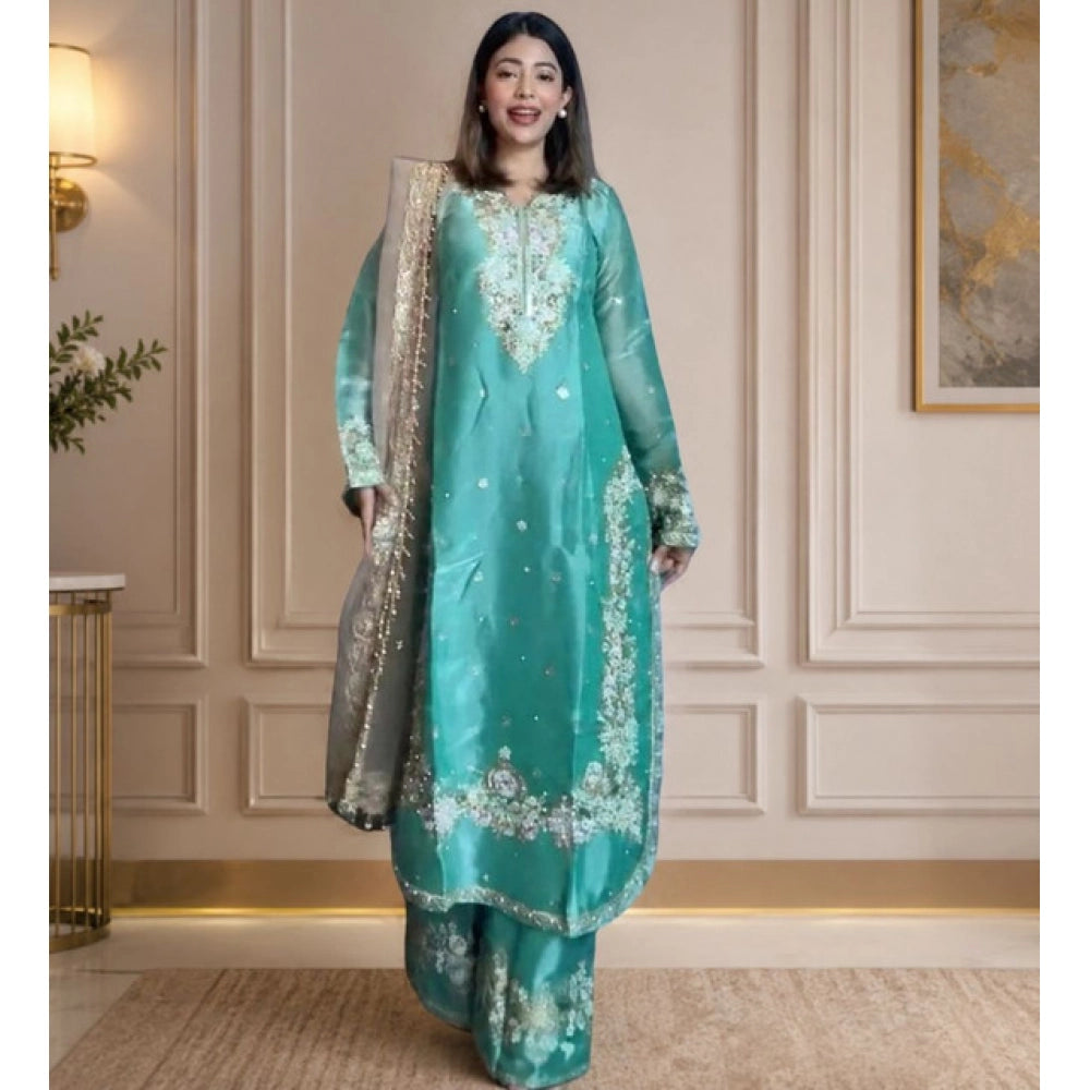 Women's Sea Green Silk Embroidered Kurti with Palazzo & Dupatta Set