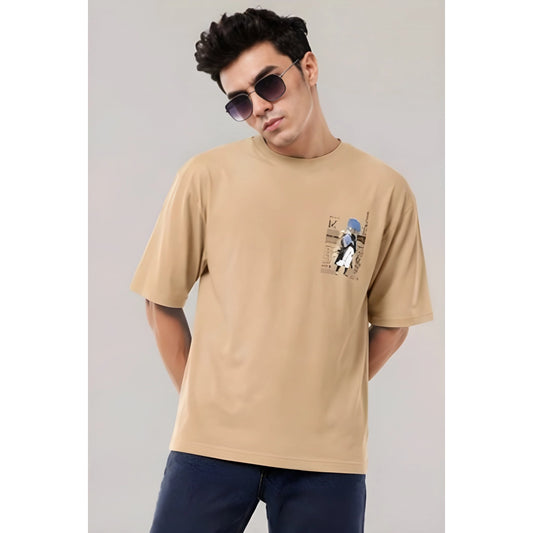 Generic Men's Cotton Blend Printed Oversized Round Neck Half Sleeve T-Shirt (Beige)