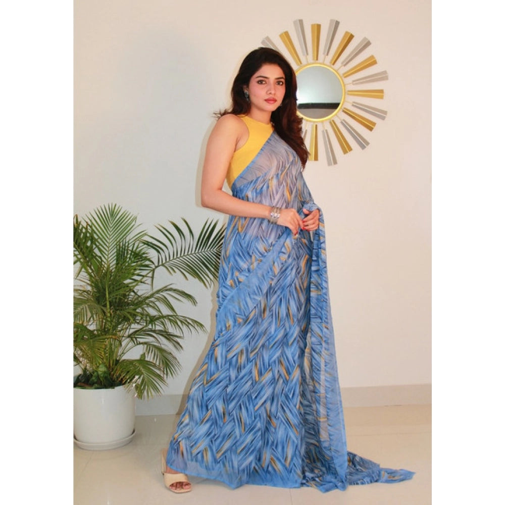Women's Blue Georgette Printed Saree With Unstitched Blouse – 5.5 Mtr