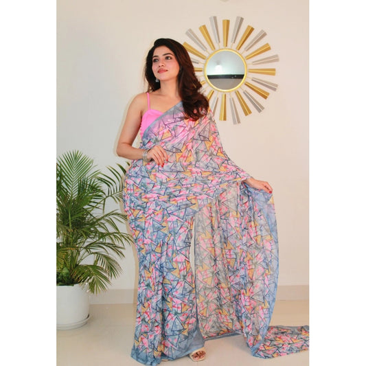 Women's Printed Georgette Saree with Unstitched Blouse (Multicolor)