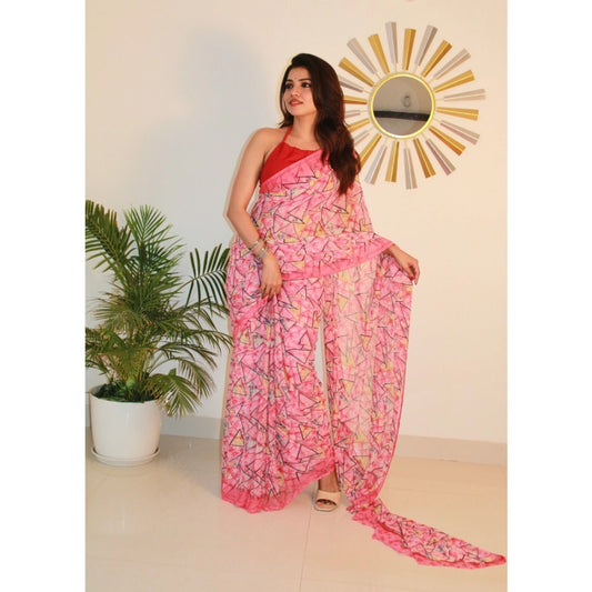Women's Pink Georgette Printed Saree with Unstitched Blouse