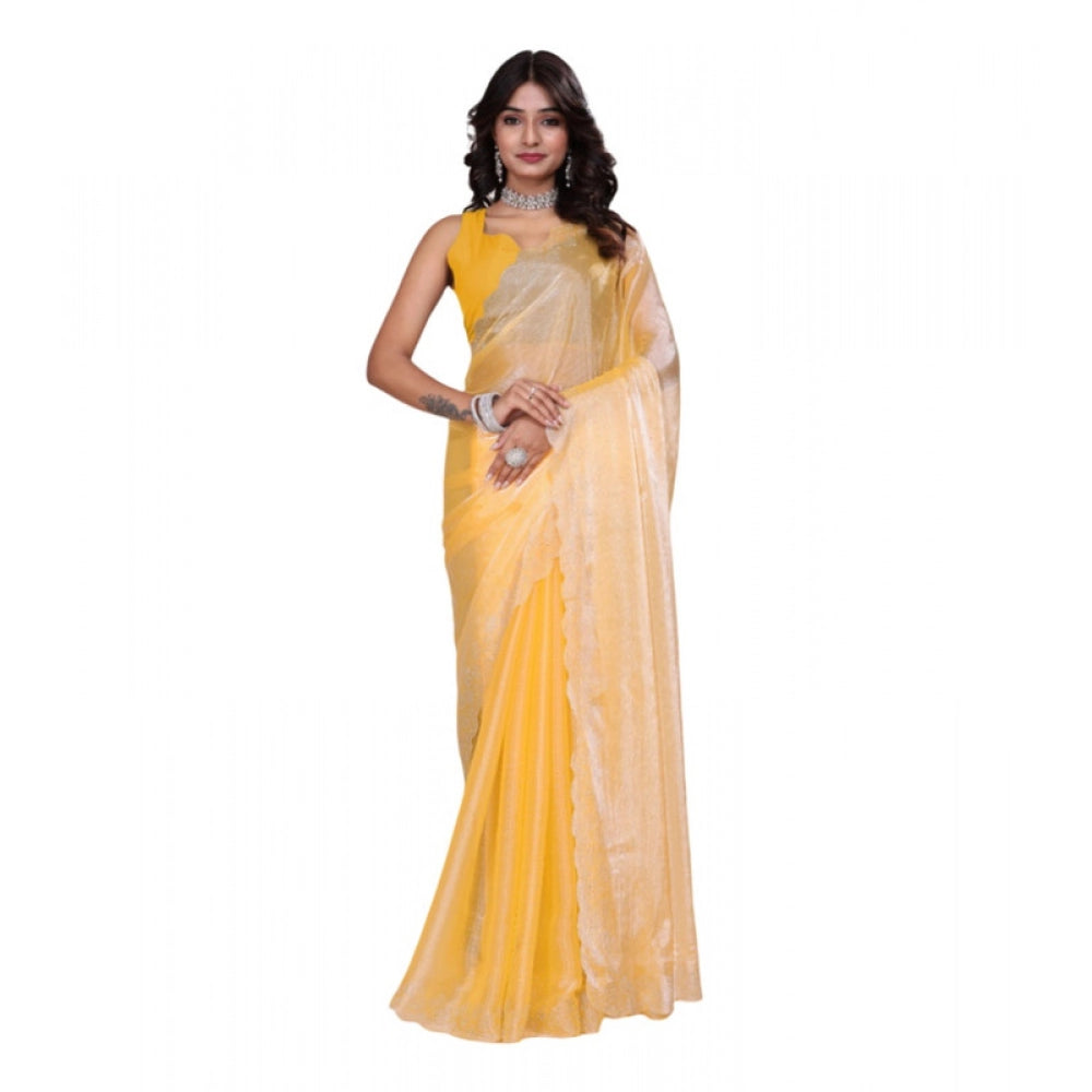 Generic Women's Tissue Pure Silk Embellished Bollywood Saree With Unstitched Blouse 5.5Mtr (Yellow)