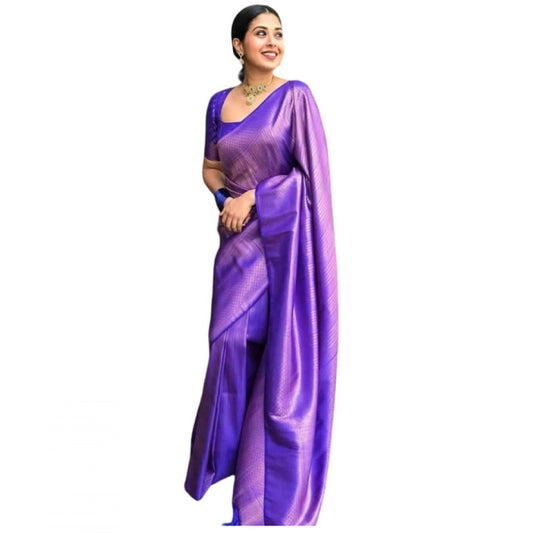 Generic Women's Litchi silk Printed Saree With Unstitched Blouse (Purple)