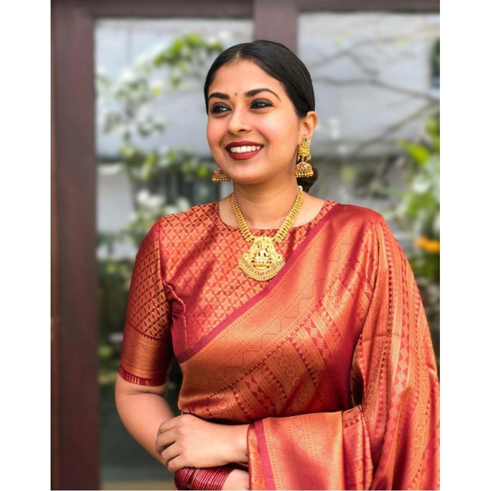 Generic Women's Litchi silk Printed Saree With Unstitched Blouse (Red)