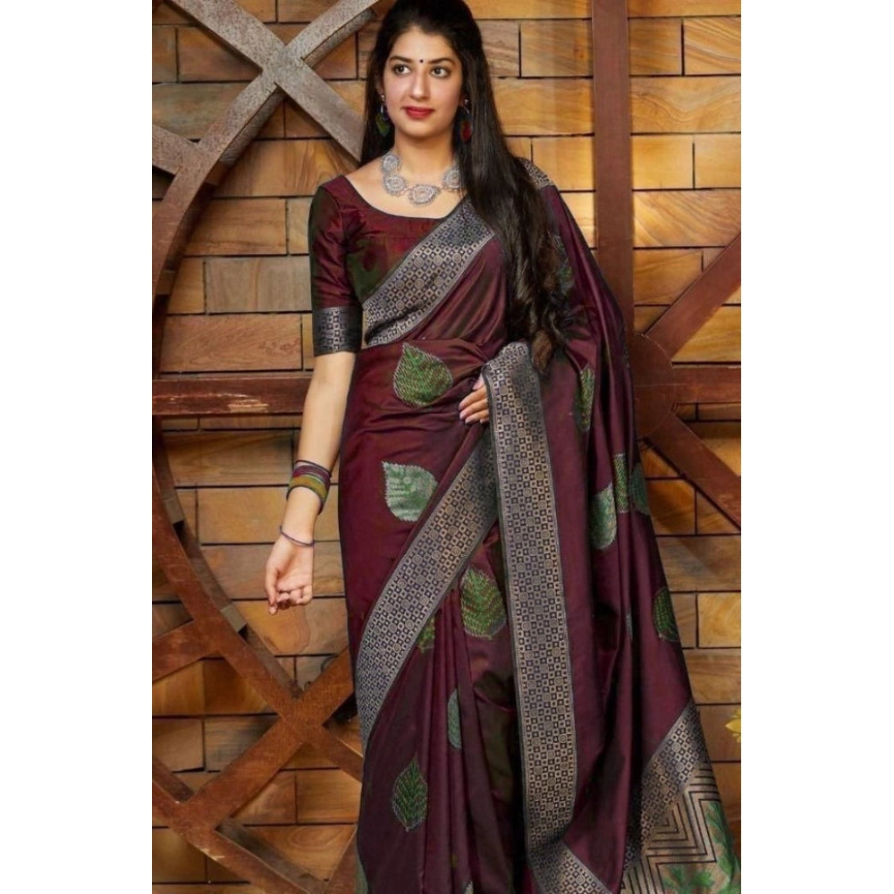 Generic Women's Litchi silk Printed Saree With Unstitched Blouse (Maroon)