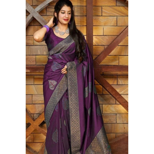 Generic Women's Litchi silk Printed Saree With Unstitched Blouse (Purple)