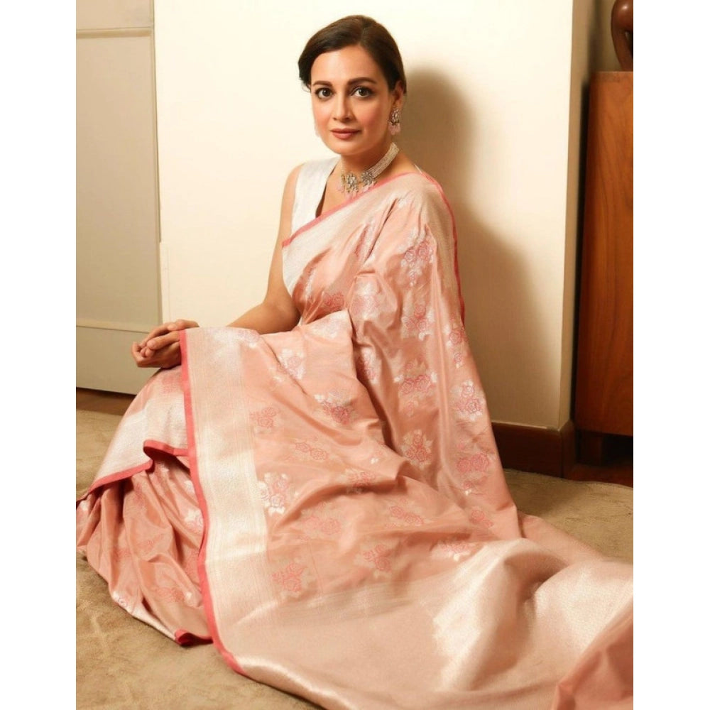 Generic Women's Litchi silk Printed Saree With Unstitched Blouse (Peach)