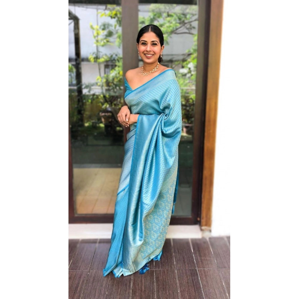 Generic Women's Litchi silk Printed Saree With Unstitched Blouse (Sky Blue)