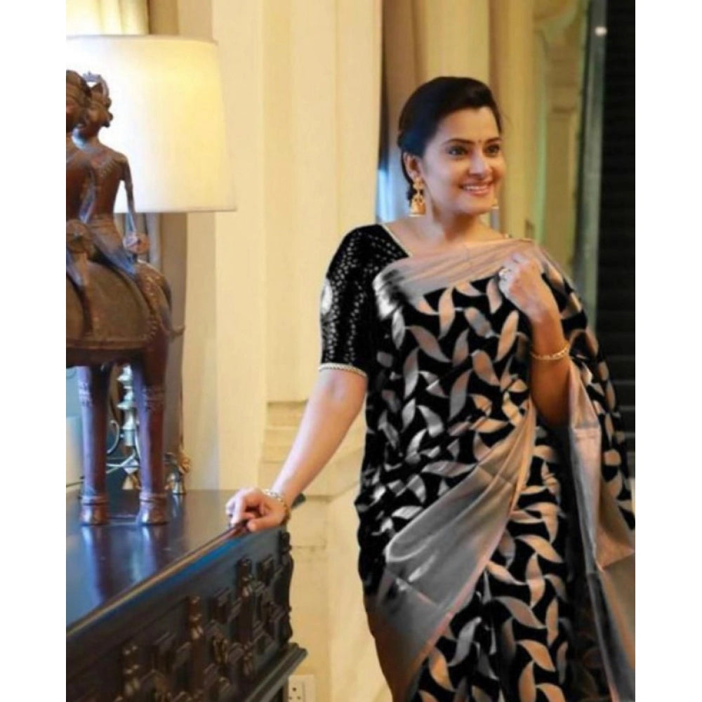 Generic Women's Litchi silk Printed Saree With Unstitched Blouse (Black)