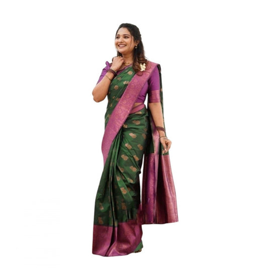 Generic Women's Litchi silk Printed Saree With Unstitched Blouse (Green)