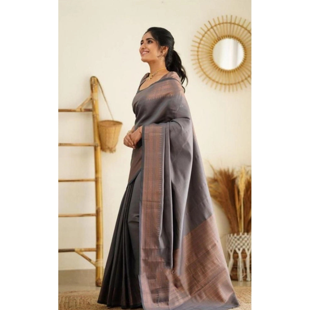 Generic Women's Litchi silk Printed Saree With Unstitched Blouse (Grey)