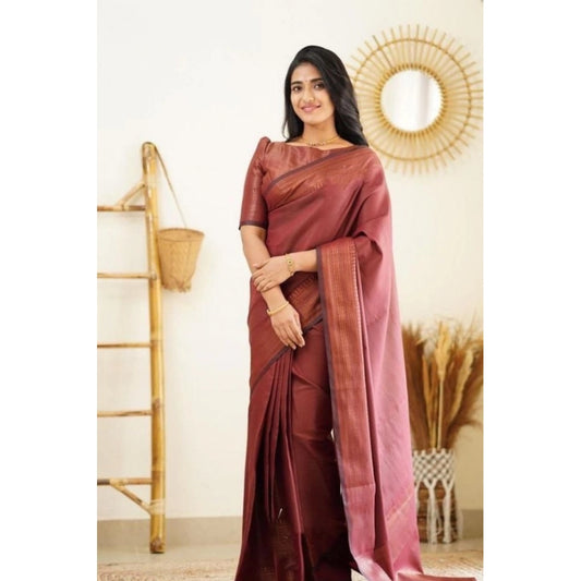 Generic Women's Litchi silk Printed Saree With Unstitched Blouse (Maroon)