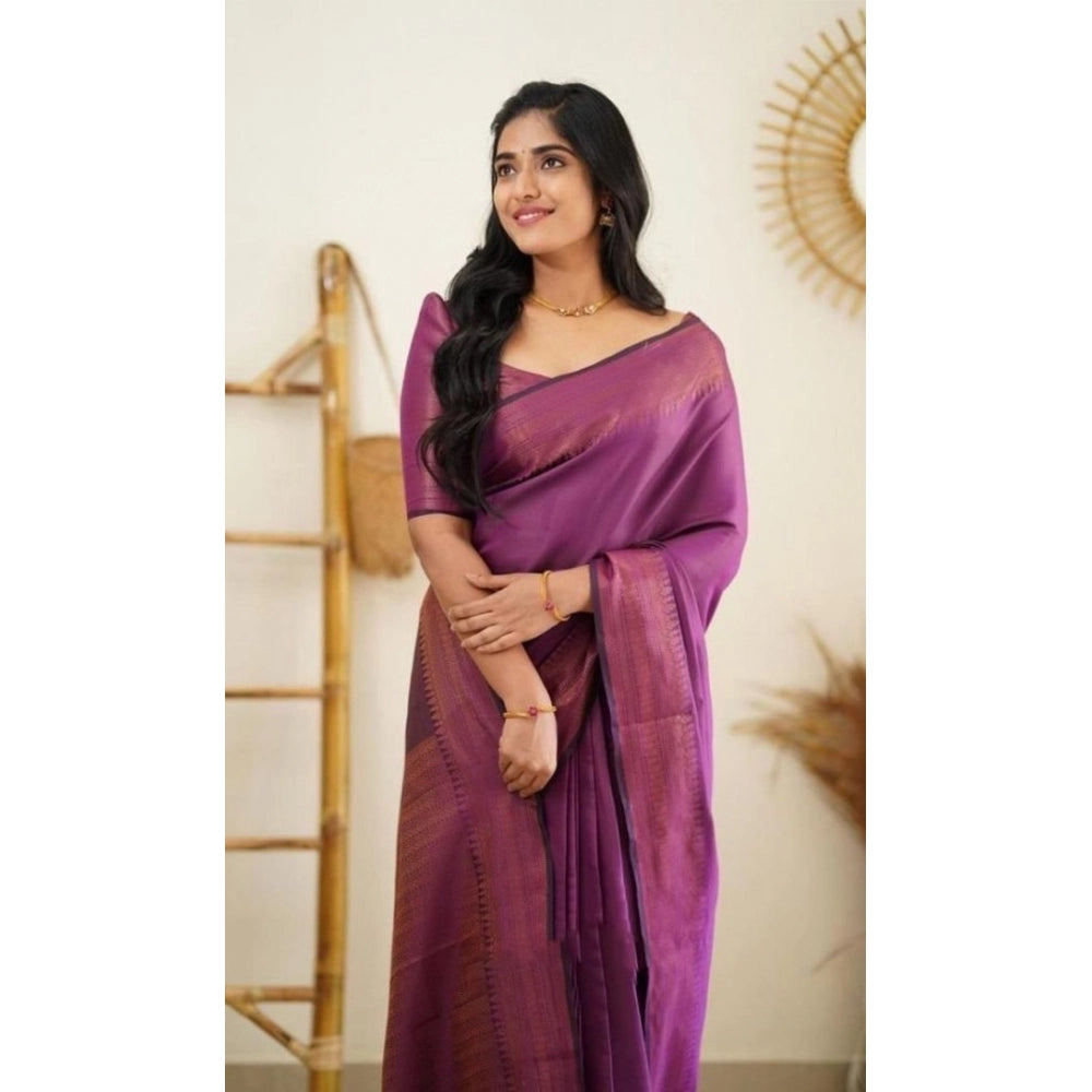 Generic Women's Litchi silk Printed Saree With Unstitched Blouse (Purple)