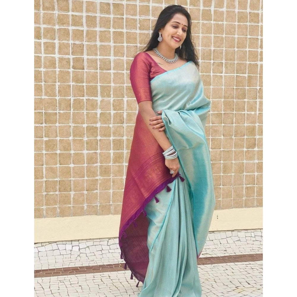 Generic Women's Litchi silk Printed Saree With Unstitched Blouse (Blue)