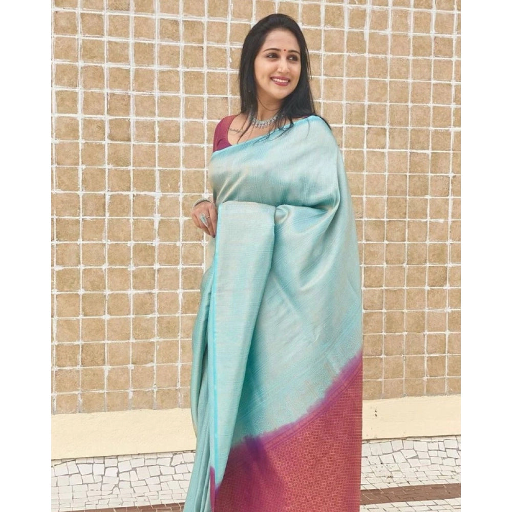 Generic Women's Litchi silk Printed Saree With Unstitched Blouse (Blue)
