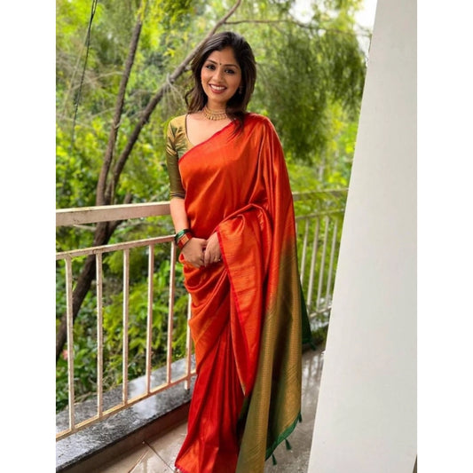 Generic Women's Litchi silk Printed Saree With Unstitched Blouse (Red)