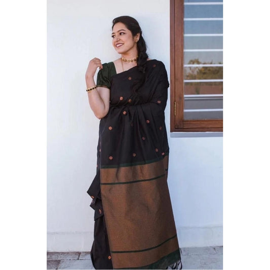 Generic Women's Litchi silk Printed Saree With Unstitched Blouse (Black)