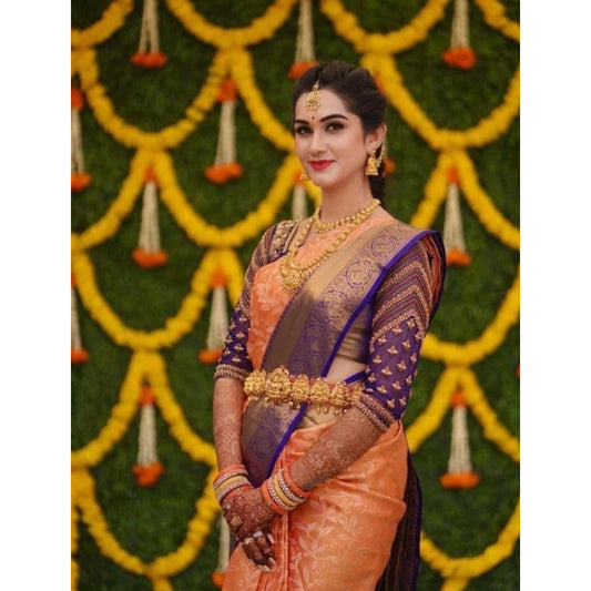 Generic Women's Litchi silk Printed Saree With Unstitched Blouse (Orange)