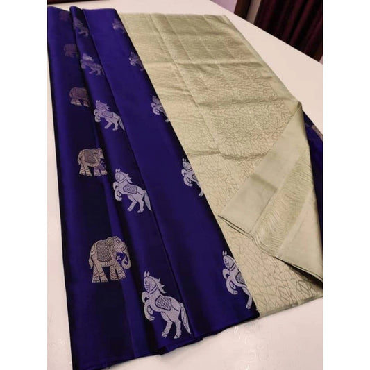 Generic Women's Litchi silk Printed Saree With Unstitched Blouse (Navy Blue With White)