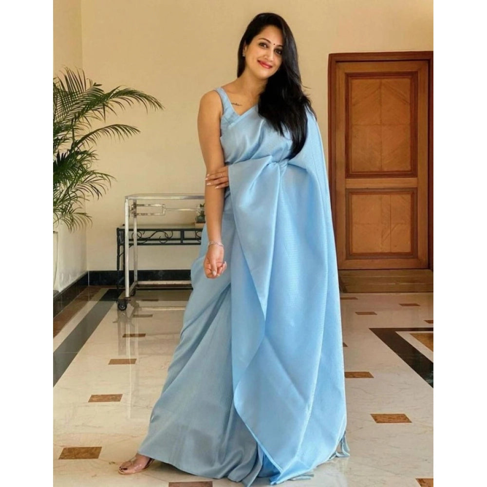 Generic Women's Litchi silk Printed Saree With Unstitched Blouse (Light Blue)