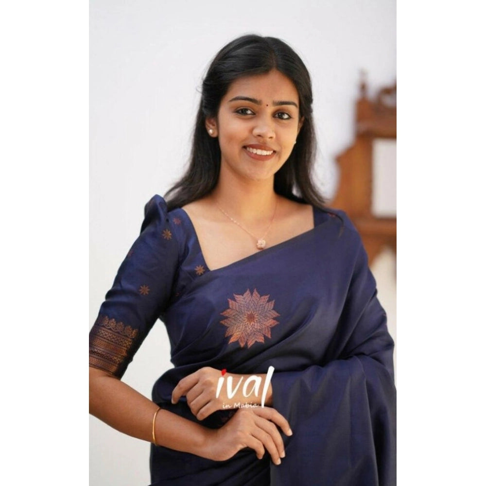 Generic Women's Litchi silk Printed Saree With Unstitched Blouse (Dark Blue)