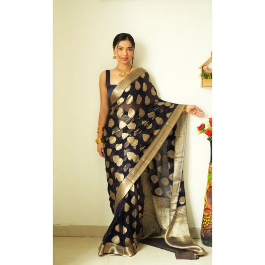 Generic Women's Litchi silk Printed Saree With Unstitched Blouse (Black)