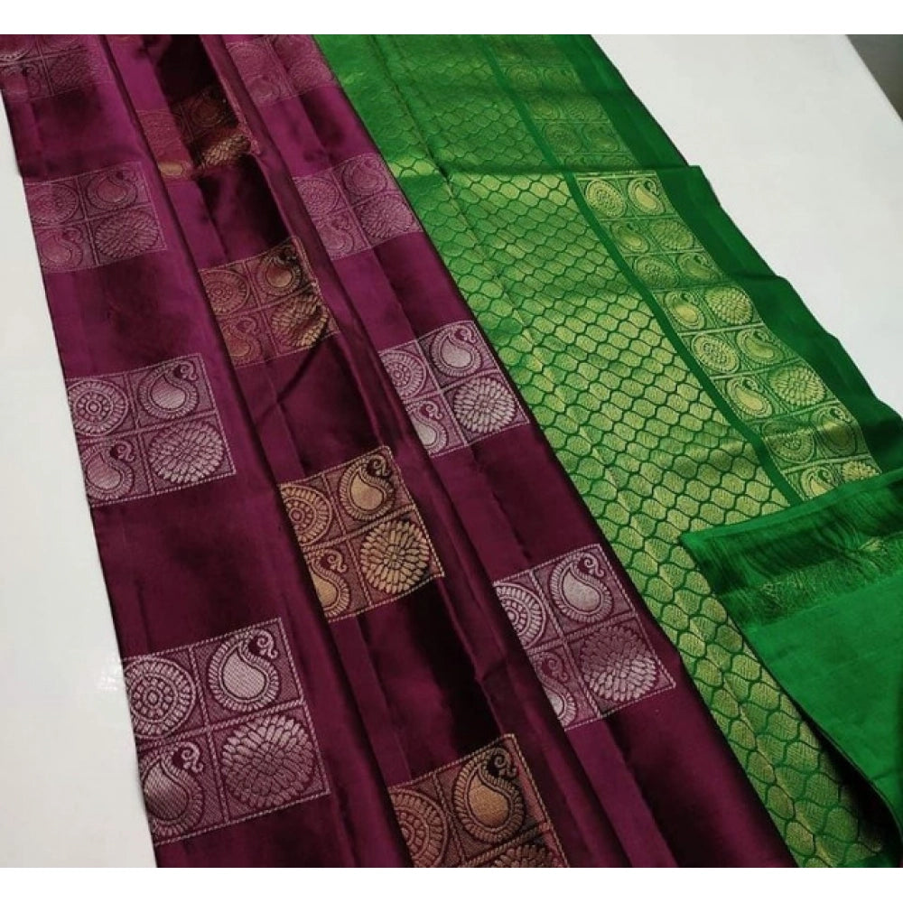 Generic Women's Litchi silk Printed Saree With Unstitched Blouse (Brown With Green)