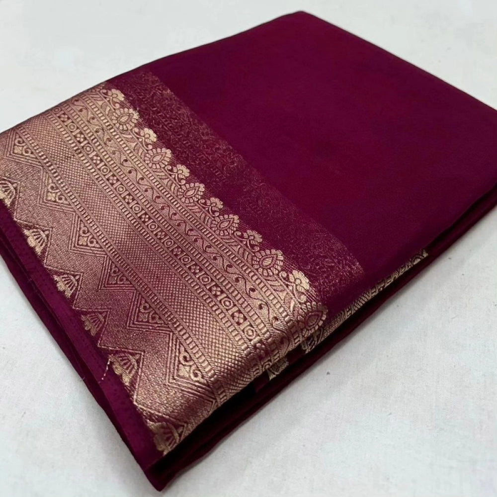 Generic Women's Crepe Chit Pallu Solid Saree With Unstitched Blouse 5.5Mtr (Purple)