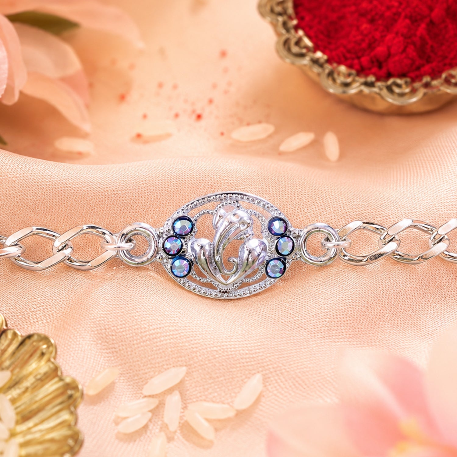 Premium Silver Ganesha Rakhi With Stones Chain Bracelet For Brother (1 Pc)