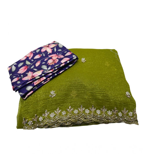 Generic Women's Stone Work Soft Silk Saree With Unstitched Blouse (Green, 5-6 Mtrs)