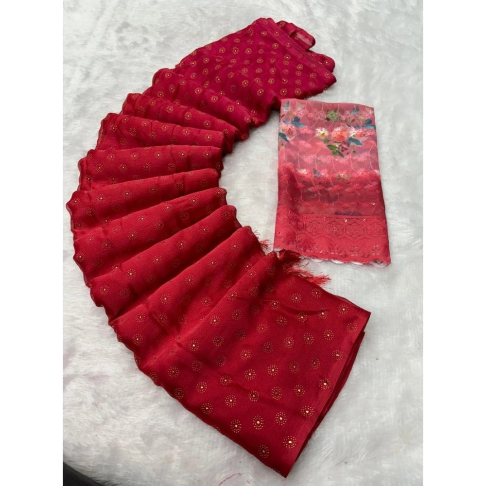 Generic Women's Printed Brasso Saree With Unstitched Blouse (Red, 5-6 Mtrs)