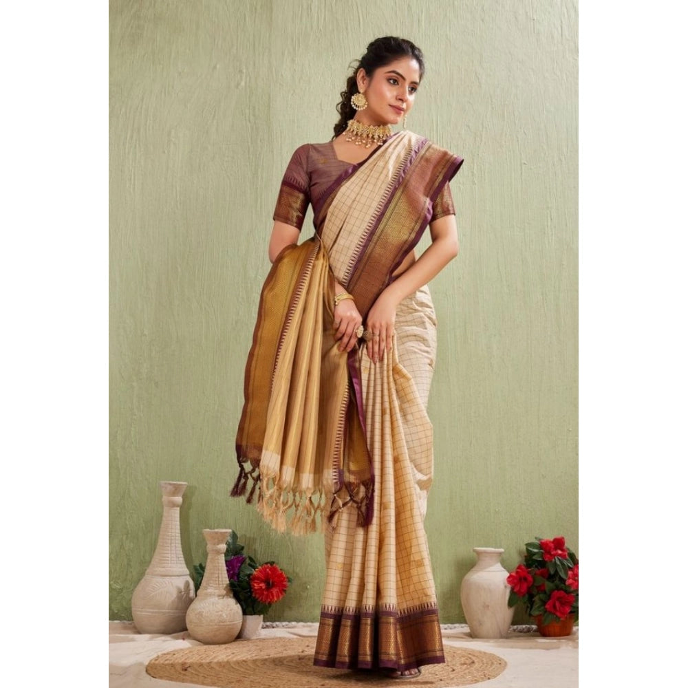 Generic Women's Silk Blended Jaquard Woven Saree With Unstitched Blouse 5.5Mtr (Beige)