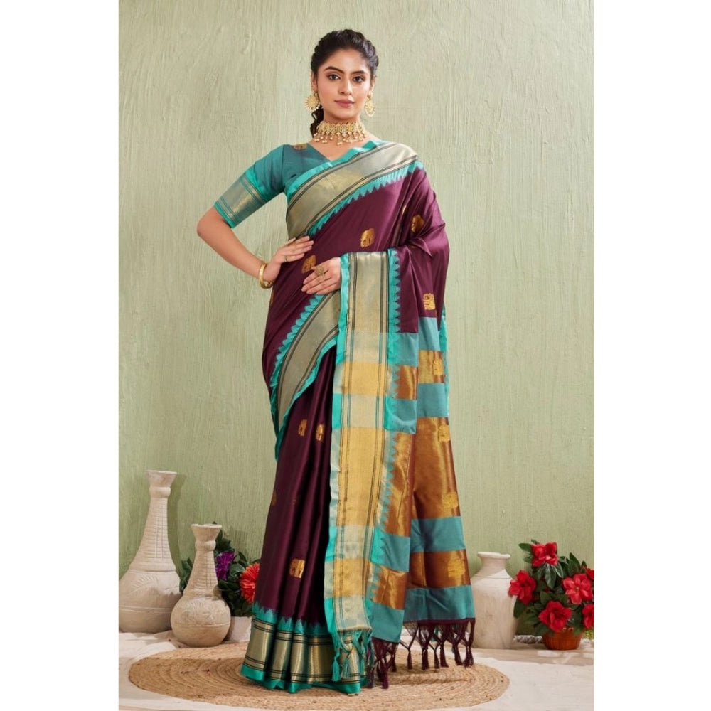 Generic Women's Silk Blended Jaquard Woven Saree With Unstitched Blouse 5.5Mtr (Purple)