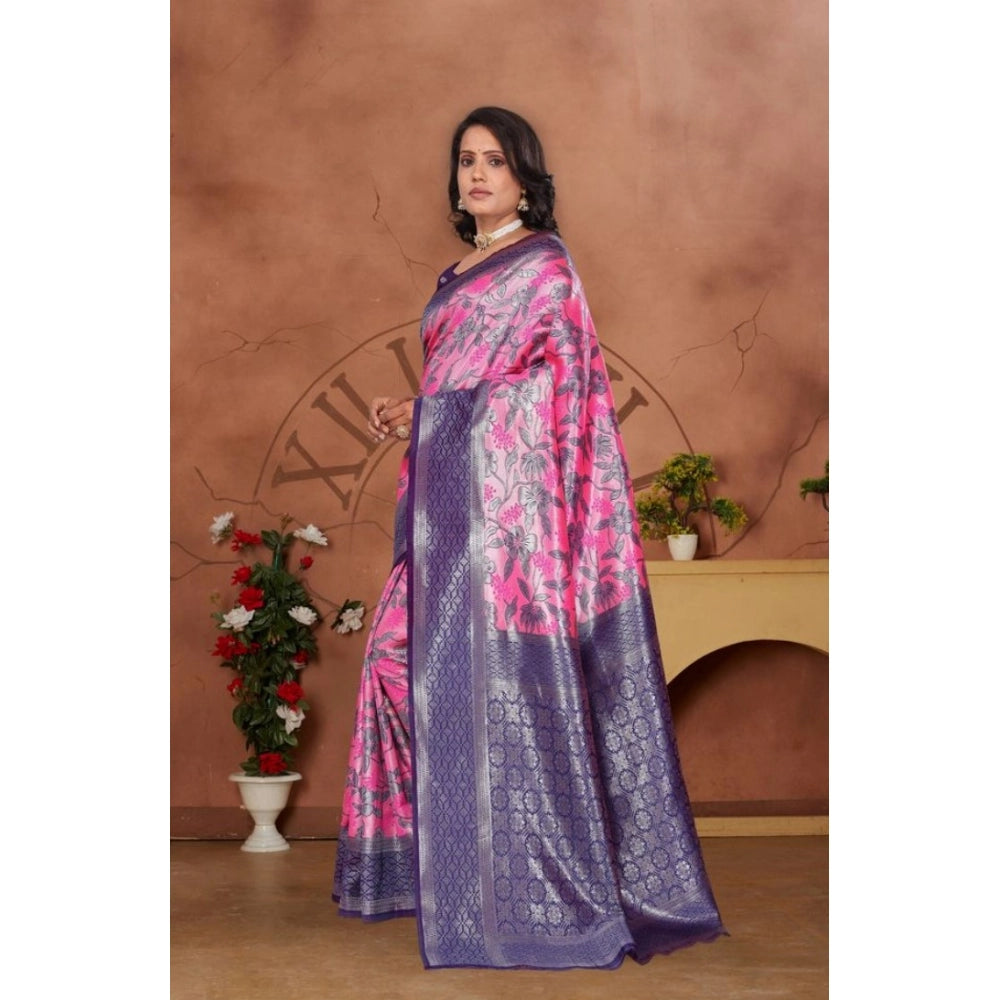 Generic Women's Banarasi Silk Jaquard Woven Saree With Unstitched Blouse 5.5Mtr (Pink)